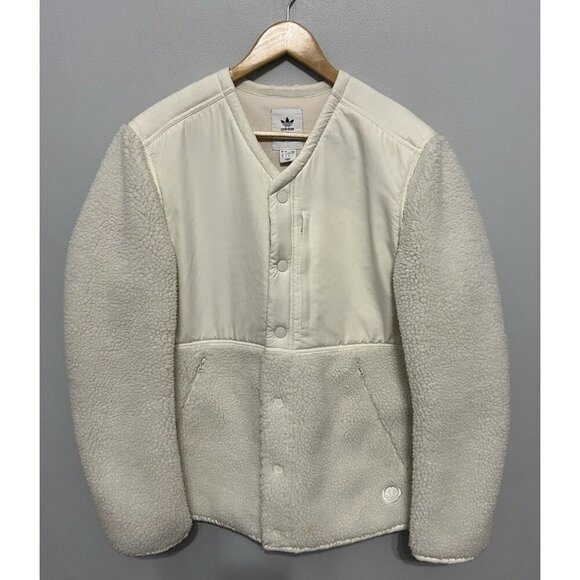Adidas Wings & Horn Off White Sherpa Jacket Coat Men Size L Button Down Front - Picture 1 of 12